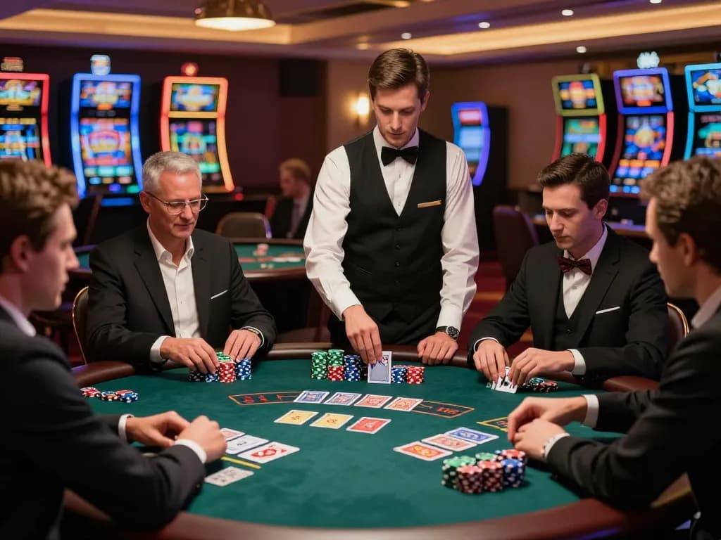 Ligalexus offers thrilling blackjack gameplay with skilled players and a professional dealer in an upscale casino setting.