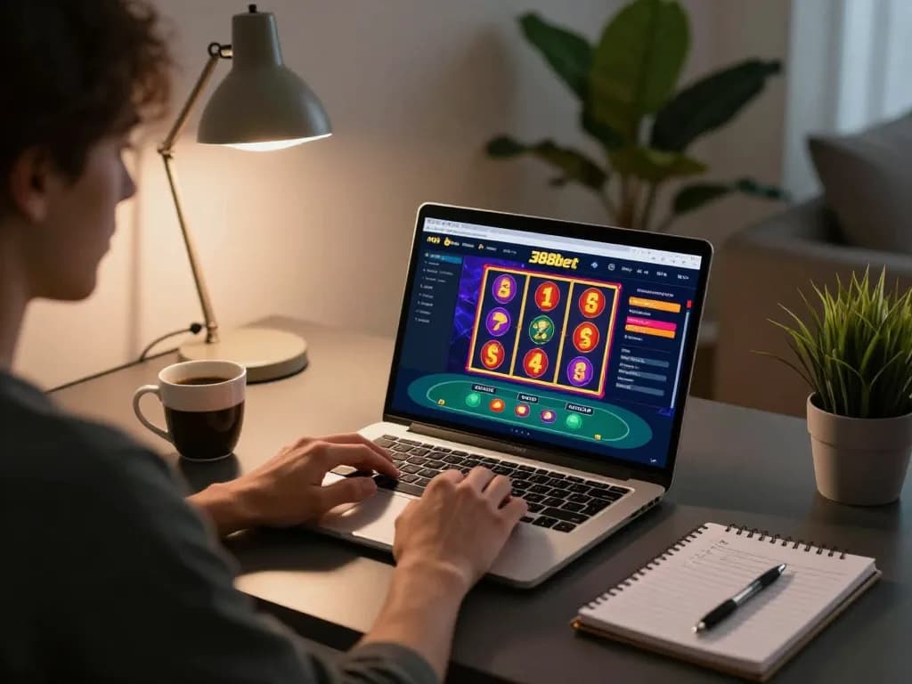 Engaged player using nhà cái 388bet on a laptop in a cozy home office.
