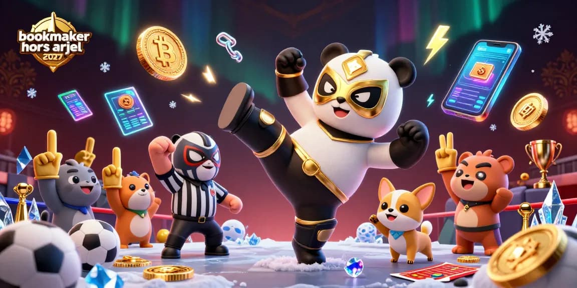 Illustration dynamique d'un panda lutteur et d'un chihuahua arbitre, mettant en avant bookmaker hors ARJEL 2027 et paris sportifs.