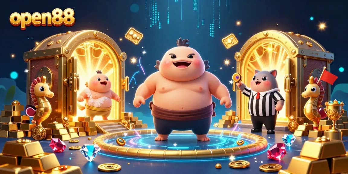 Experience open88 with a dynamic underwater casino scene featuring vibrant characters and gold treasures.