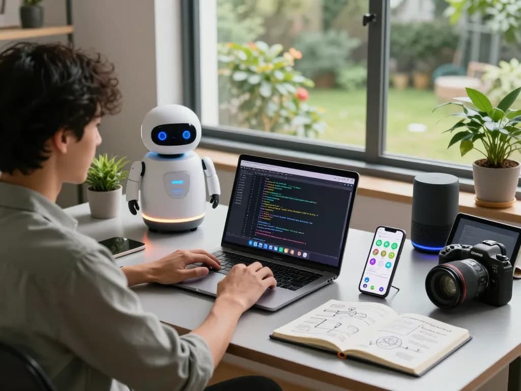 Clawdbot personal AI assistant on a modern desk with productivity tools and messaging apps.