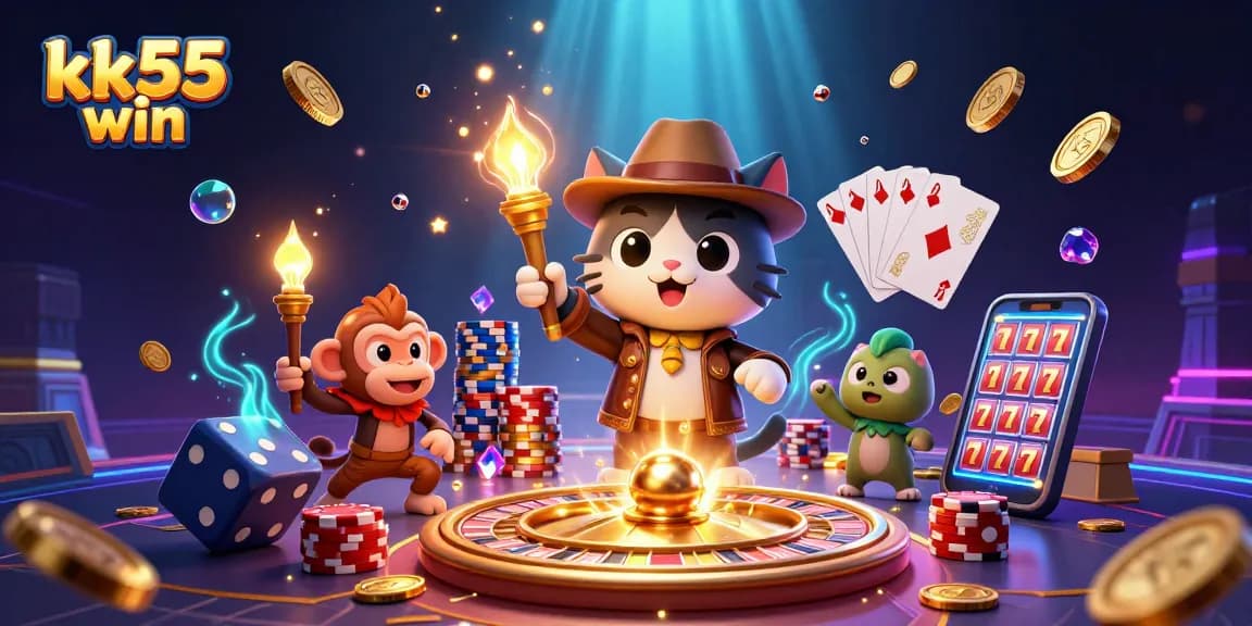 Experience the thrill of gambling with kk55 win in this vibrant 3D casino scene featuring characters and dynamic elements.