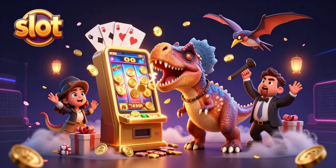 Menghadapi mesin slot yang emas, dinosaurus pachycephalosaurus membuat jackpot dan koin terbang, permainan slot interaktif