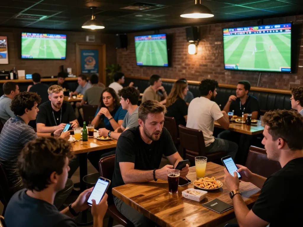 Cakhia users engaged in live betting during a thrilling football match at a vibrant sports bar.