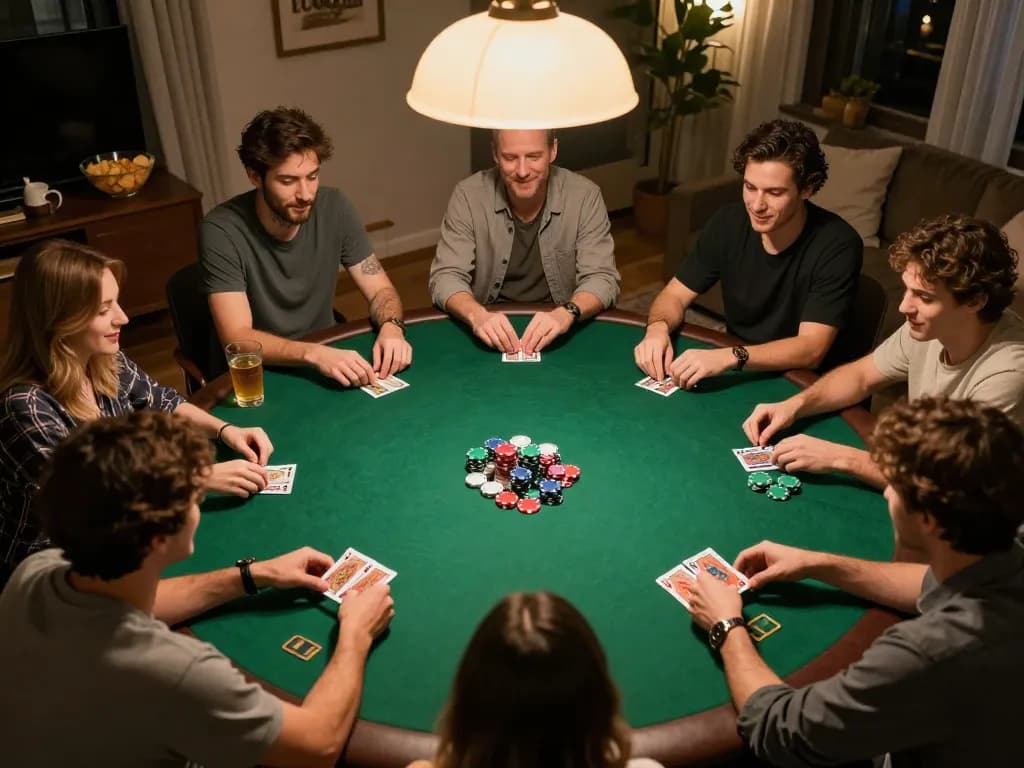 Players engaging in a friendly poker game at home showcasing ALO8 strategy with stacks of colorful chips and cards