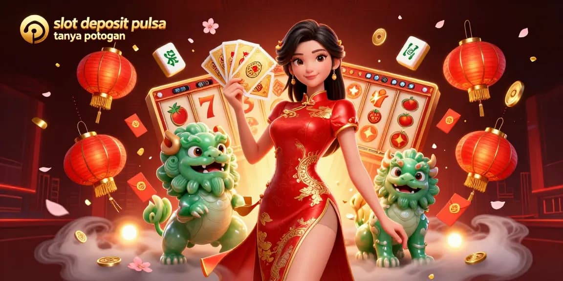 Experience the excitement of slot deposit pulsa tanpa potongan with vibrant 3D casino illustration featuring lucky symbols and characters.