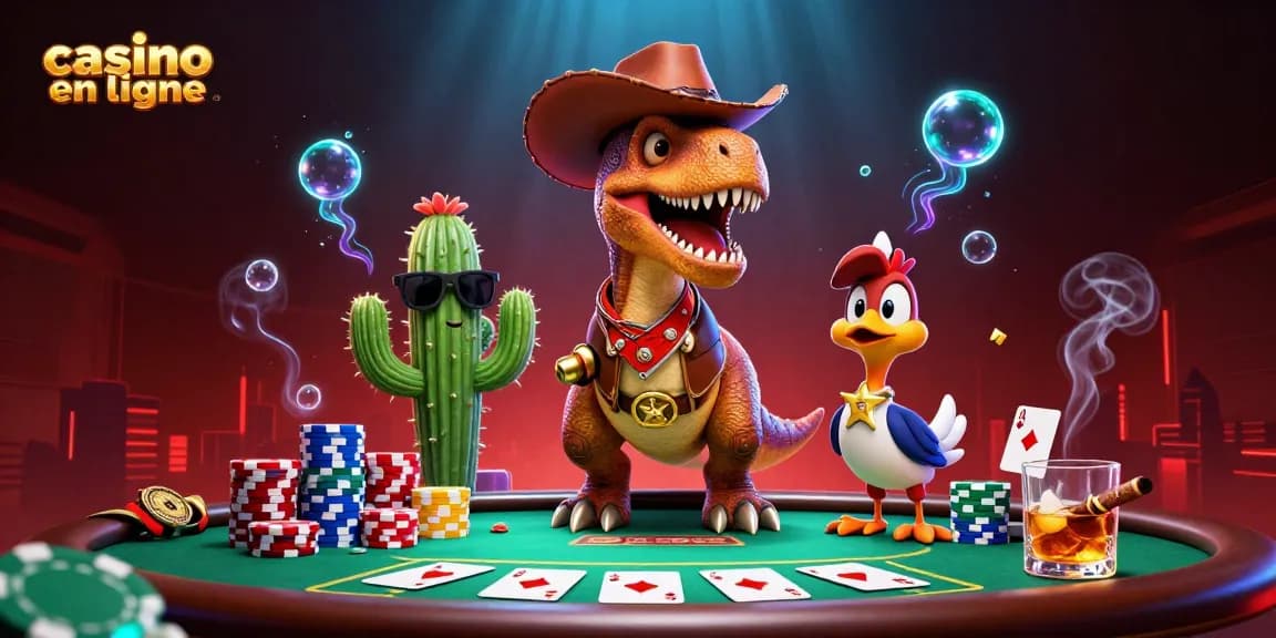 Profitez de l'animation captivante "casino en ligne" avec un T-Rex cowboy et des éléments de poker.