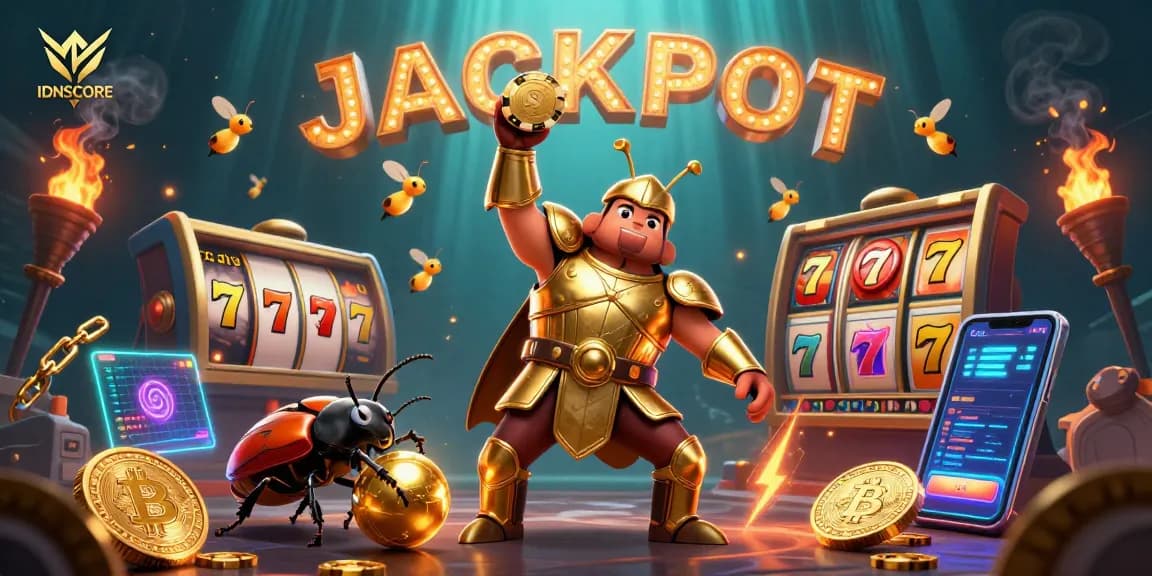 Experience the thrill of IDNSCORE as the heroic beetle triumphs in a vibrant casino fantasy.