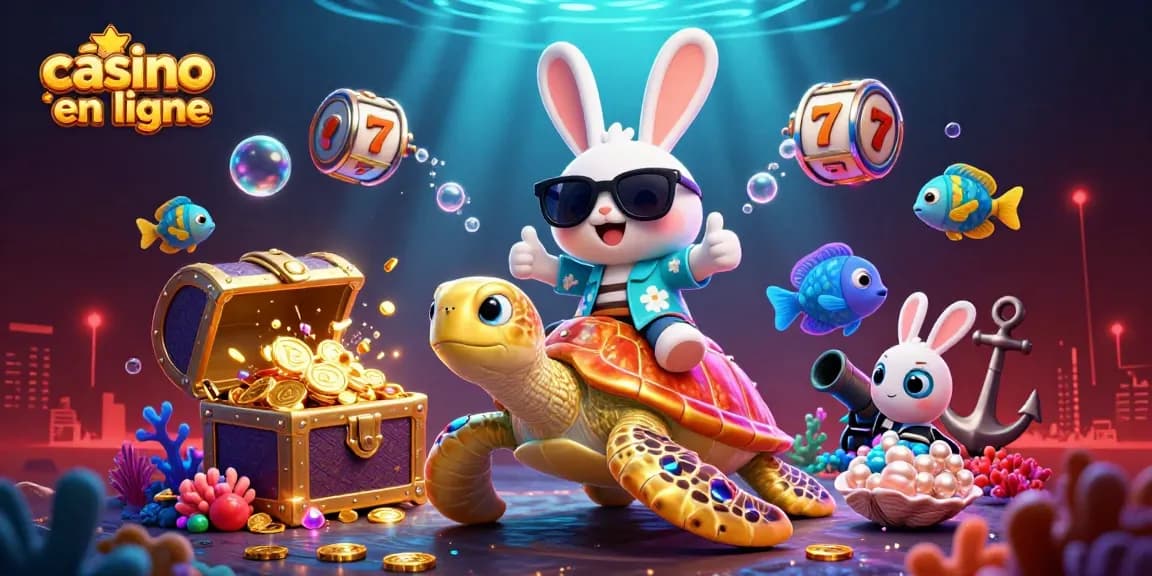 Profitez d'une expérience captivante dans un casino en ligne avec un adorable lapin chanceux et une tortue dorée.