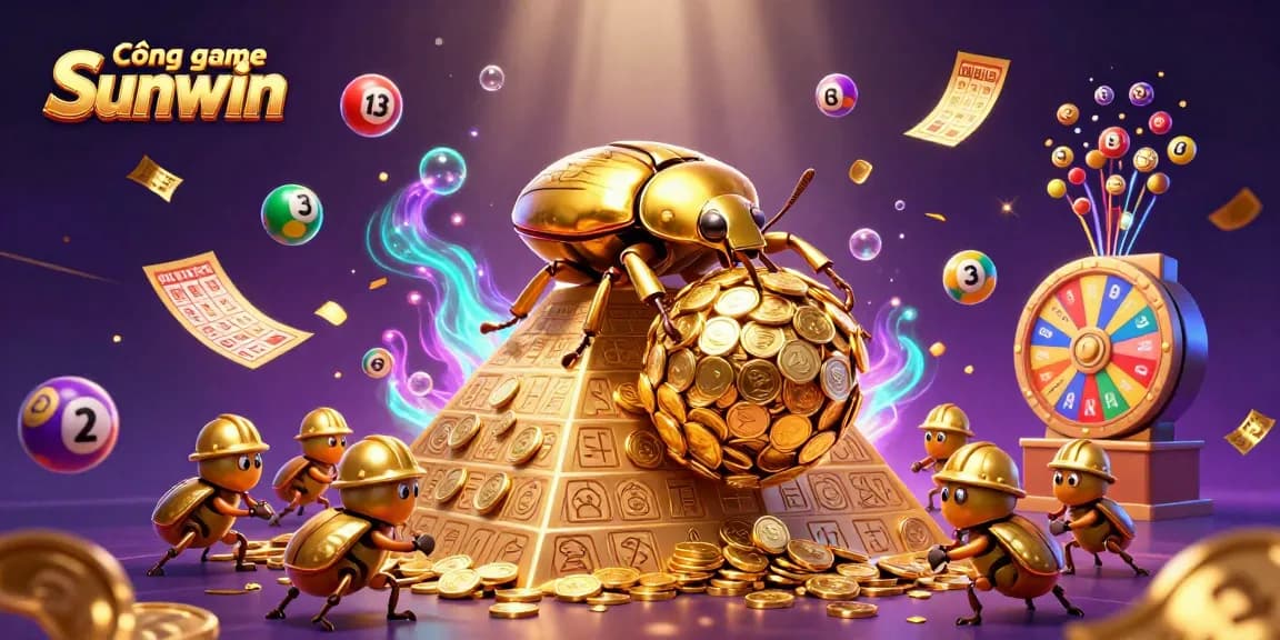 Cổng game Sunwin features vibrant 3D illustration with a golden beetle rolling coins in a dynamic casino scene