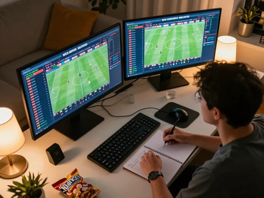 Engaged in keobongda sports betting analysis at home, focusing on multiple screens and odds.