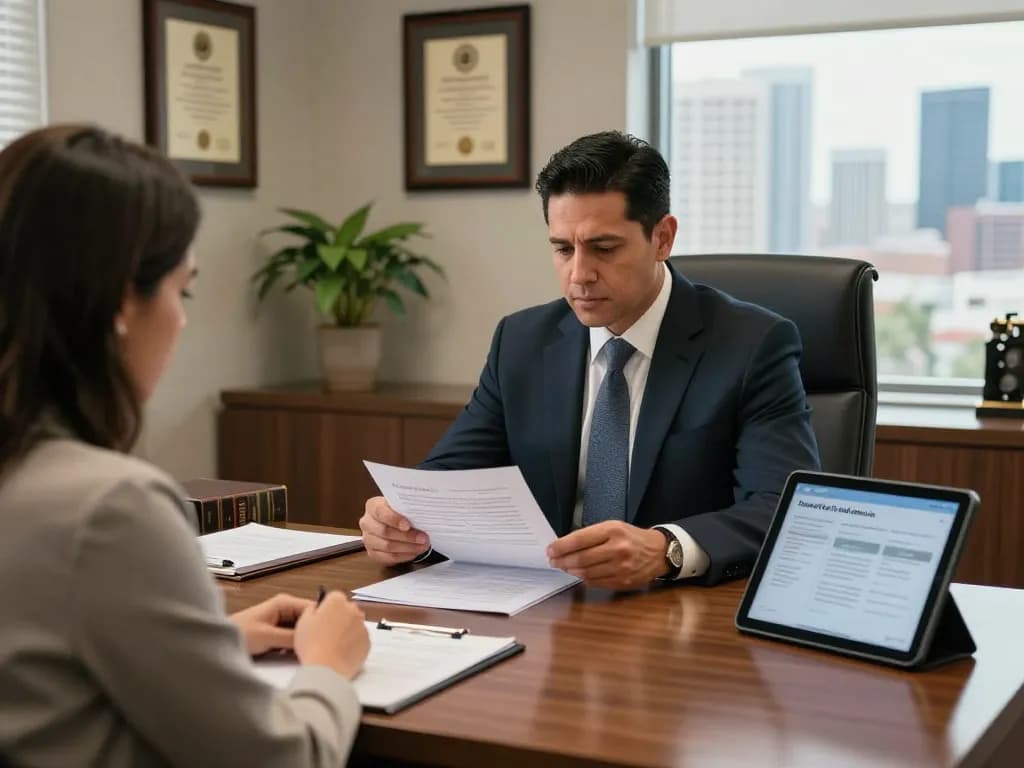 Tampa criminal lawyer Daniel J. Fernandez consulting with a client in a modern law office.