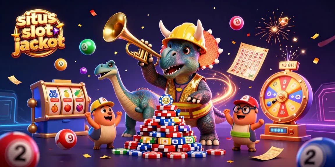 Situs slot jackpot illustration showcasing a triceratops building poker chips with festive elements