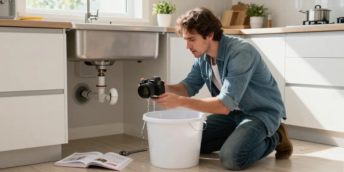 Sandy emergency plumber assisting a worried homeowner during a plumbing crisis in a bright kitchen, showcasing urgent repairs.
