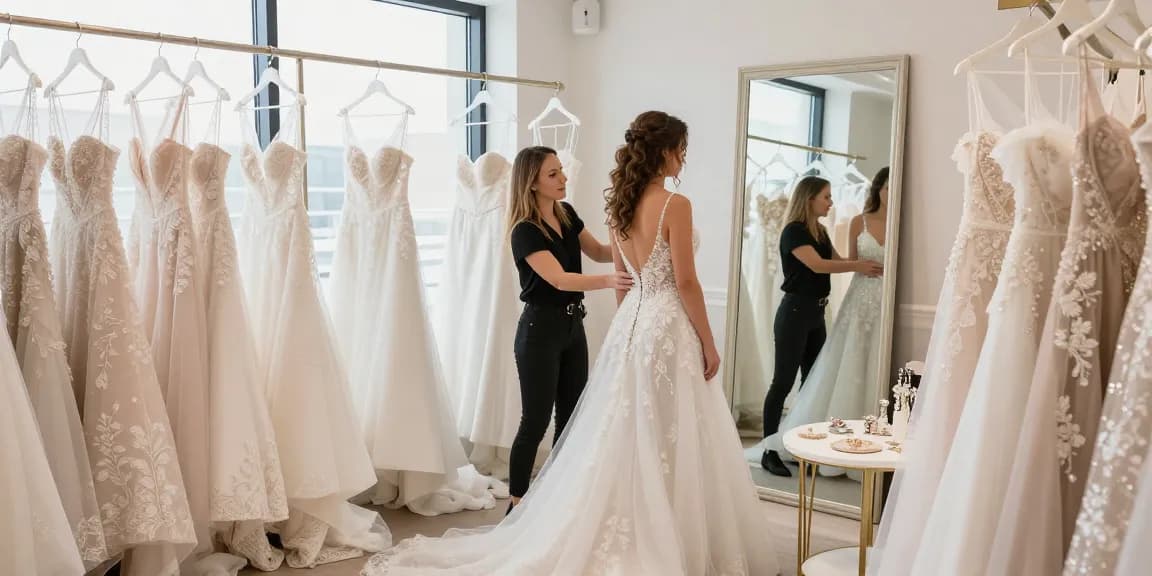 Consulenza per bridal styling con stilista che aiuta una sposa a scegliere il vestito perfetto.