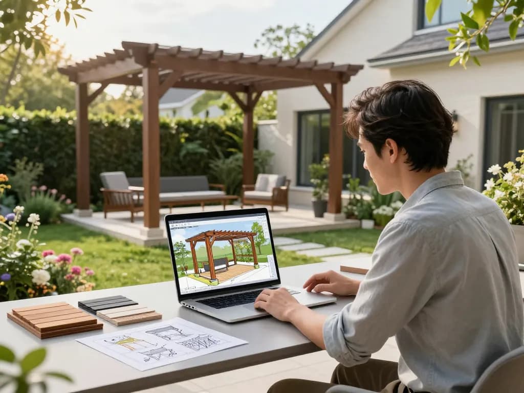 Designer using a 3D Pergola Configurator to create customized outdoor structures in a beautiful garden setting.