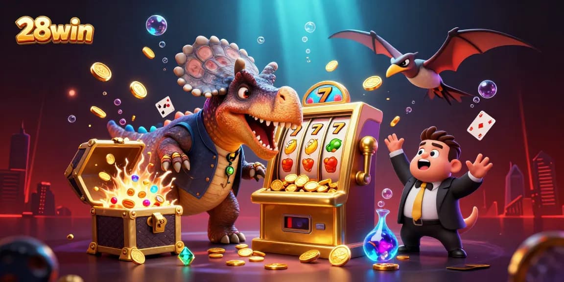 28win jackpot scene with a dinosaur winning slots while a panicked manager and flying coins create excitement