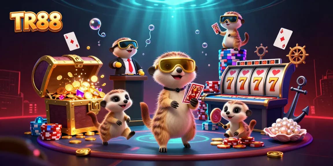 Experience fun with TR88 at the casino featuring colorful meerkats and dynamic gaming elements.
