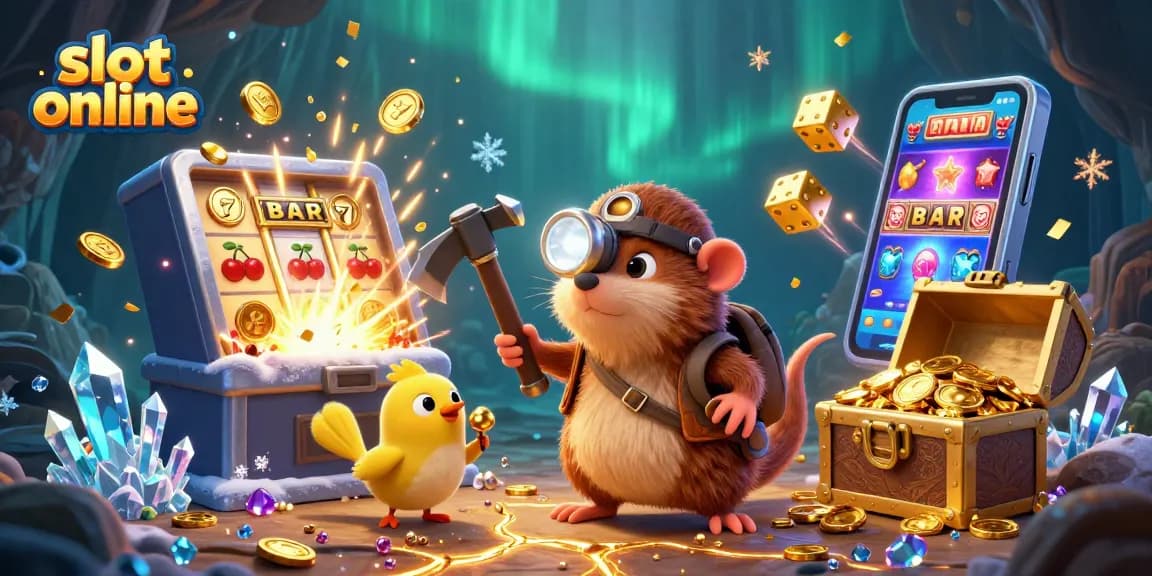 Bermain slot online dengan mesin slot yang mengeluarkan koin dan simbol keberuntungan.