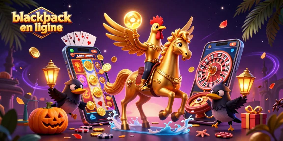 Jouez à blackjack en ligne dans un casino futuriste vibrant avec un coq magique qui tient sa tête lumineuse