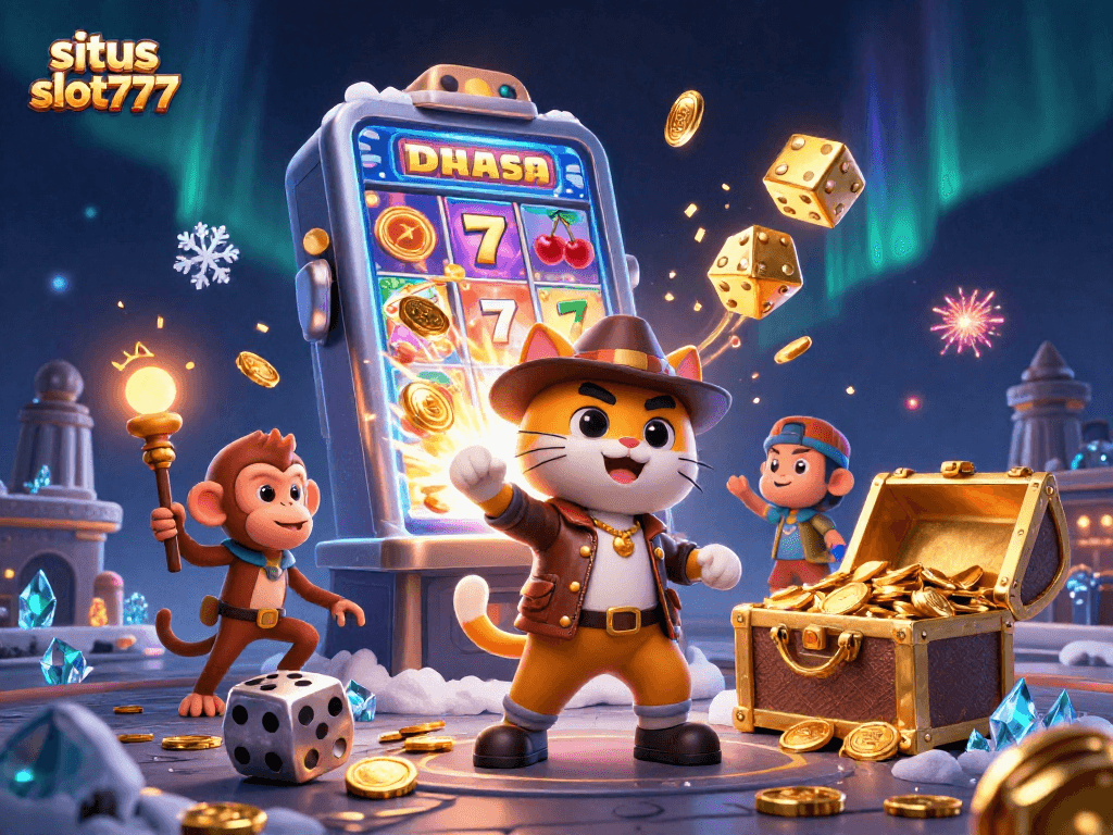 Explore situs slot777 with a thrilling scene of adventure and jackpot surprises in a vibrant casino