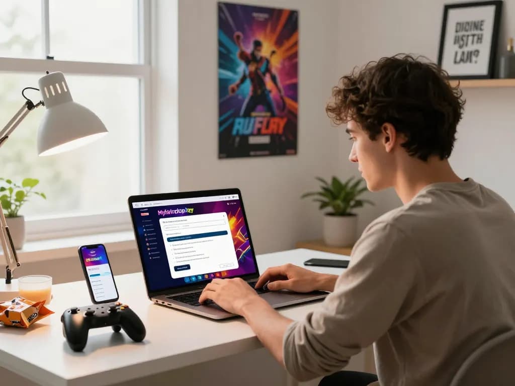 Myfairplay registration on a laptop in a vibrant home office setup with gaming elements and a lively atmosphere.