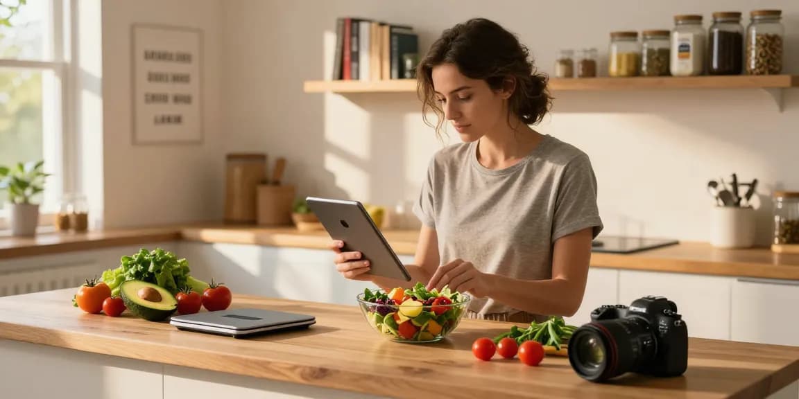 Bright kitchen with person using the best food tracker while preparing a healthy meal