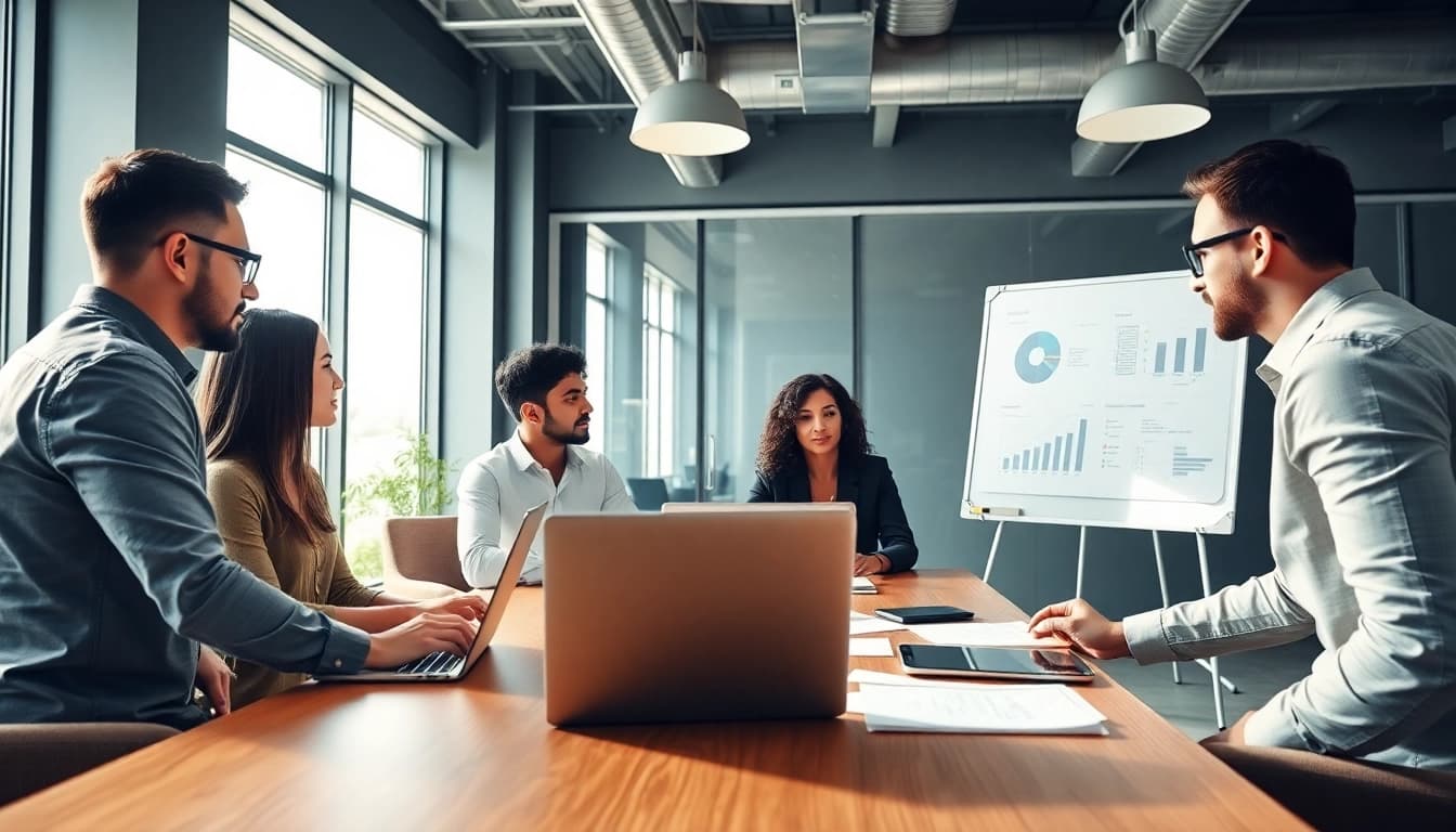 Interaktive Geschäftssitzung bei https://alvionz.de/ mit diversen Teammitgliedern und moderner Ausstattung.