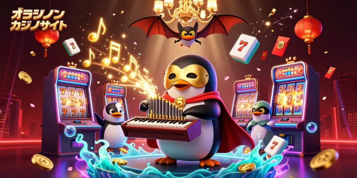 オンラインカジノサイトで楽しむ3Dカートゥーンファントムオペラペンギンとスロットの魅力を感じるビジュアル。