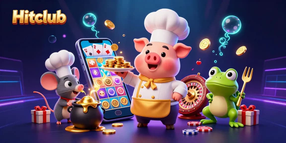 Hitclub delivers excitement as a chef pig serves gold coins amidst vibrant casino elements.