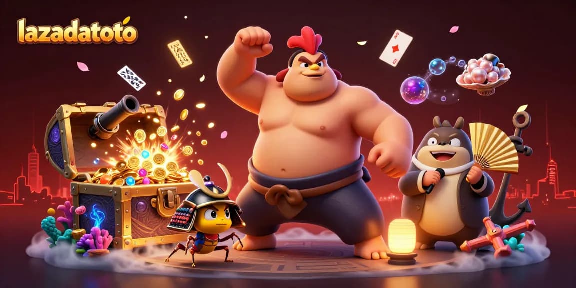 Gambarkan aksi menarik lazadatoto dengan karakter sumo, kriket, dan tanuki di latar belakang kasino.