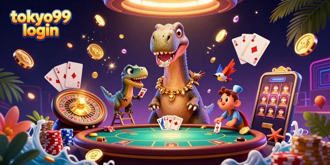 Permainan seru di TOKYO99 login, brontosaurus besar di kasino mengawasi meja poker dengan koin emas melimpah.
