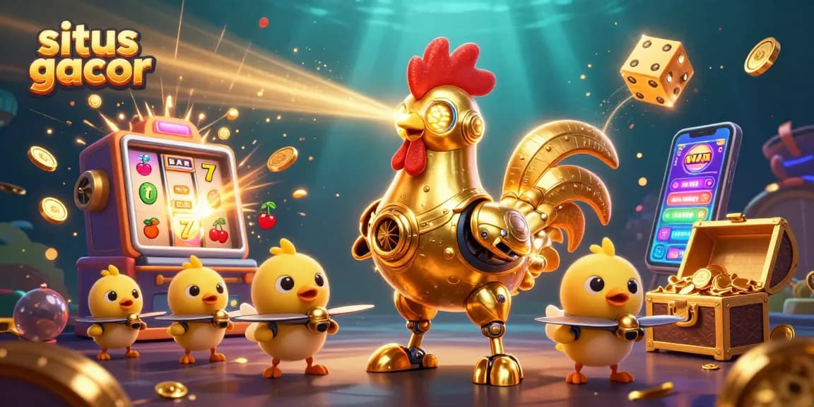 Engage with situs gacor as the golden rooster robot unleashes laser beams amidst a jackpot explosion.