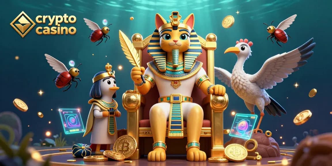 Scène dynamique d'un crypto casino avec un pharaon chat et des éléments de blockchain, des pièces d'or et des plumes.