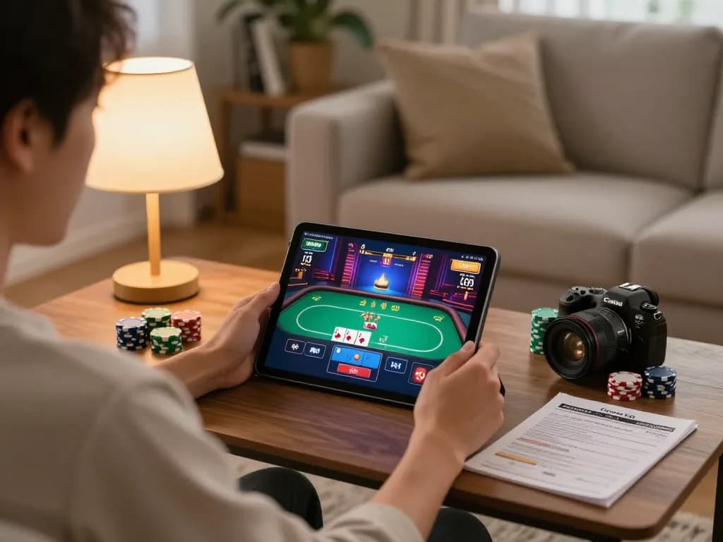 Engaging in online poker on a tablet in a cozy home setting, showcasing situs gacor gameplay strategy.