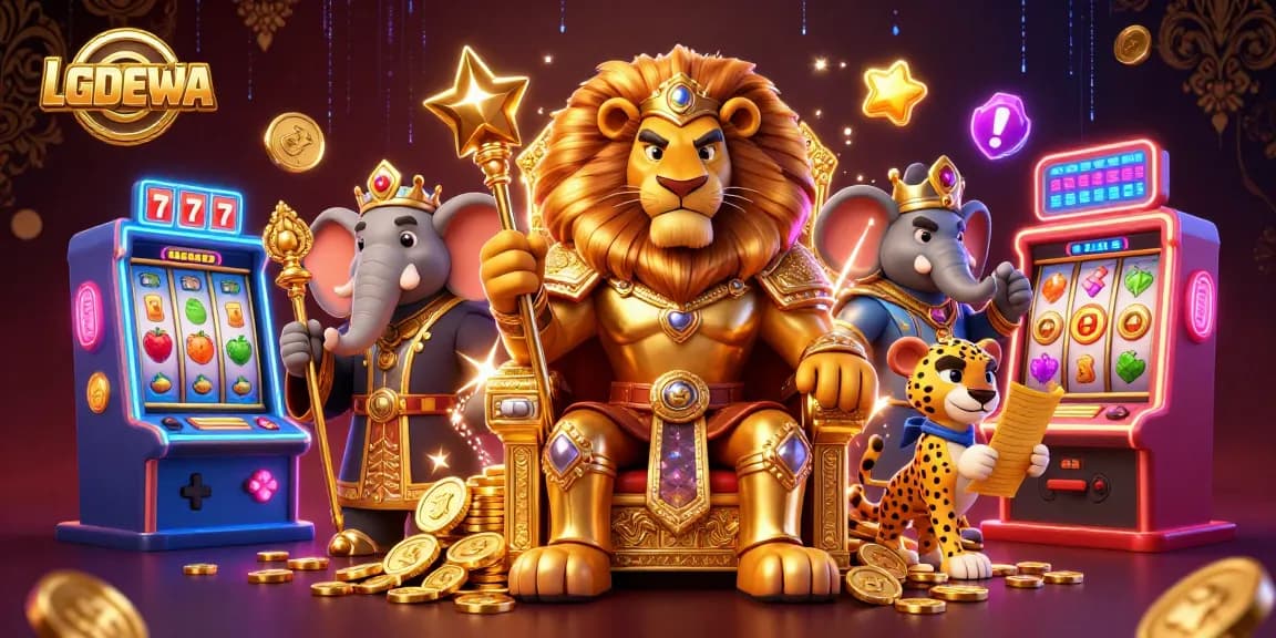 Engage with thrilling slot action at LGODEWA featuring charismatic cartoon characters and vibrant casino elements.