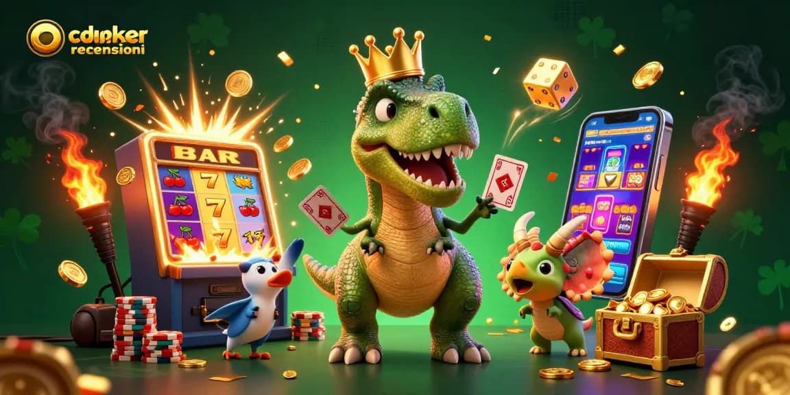 Giocando a poker con le recensioni di CoinPoker, un T-Rex distribuisce le carte circondato da simboli di jackpot e chips d'oro.