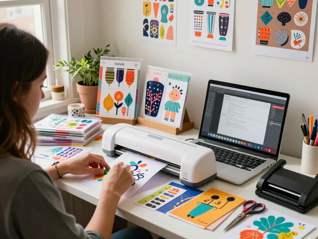 Crafting workspace showcasing Cricut SVG bundle designs with colorful projects and tools in action.
