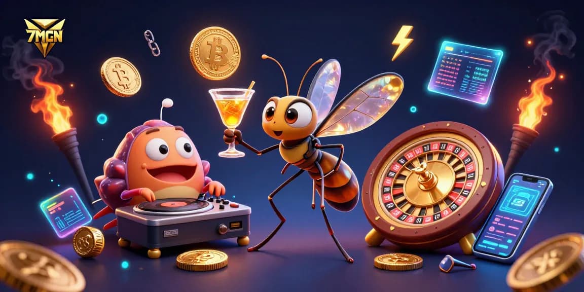 Experience thrilling wins with 7MCN as the animated casino mascot and unique gaming elements energize the scene.
