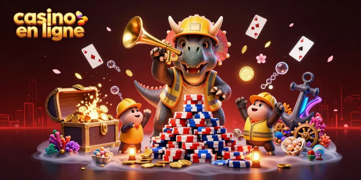 Illustration dynamique célébrant le casino en ligne avec un triceratops et des jetons de poker.