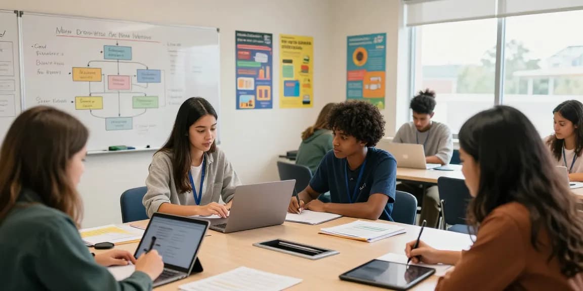 Students engaged in apprenticeships learning in a modern classroom setting.