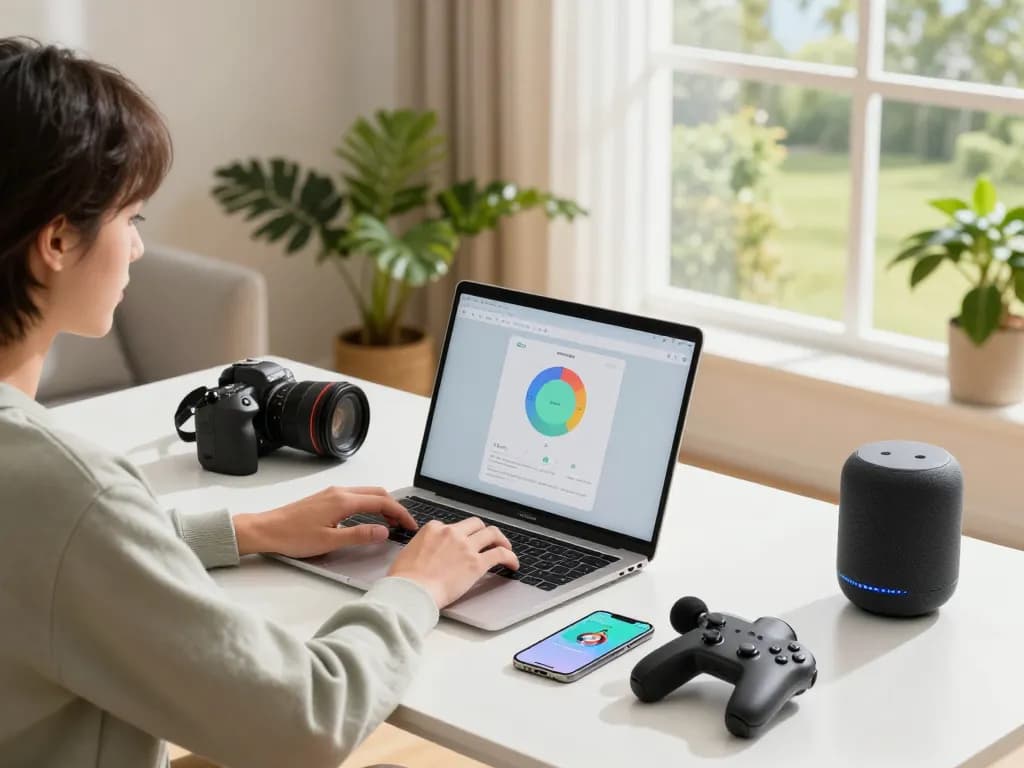 Engaging workspace featuring affordable tech gadgets, including Bluetooth controller and massage gun, in a cozy home office.