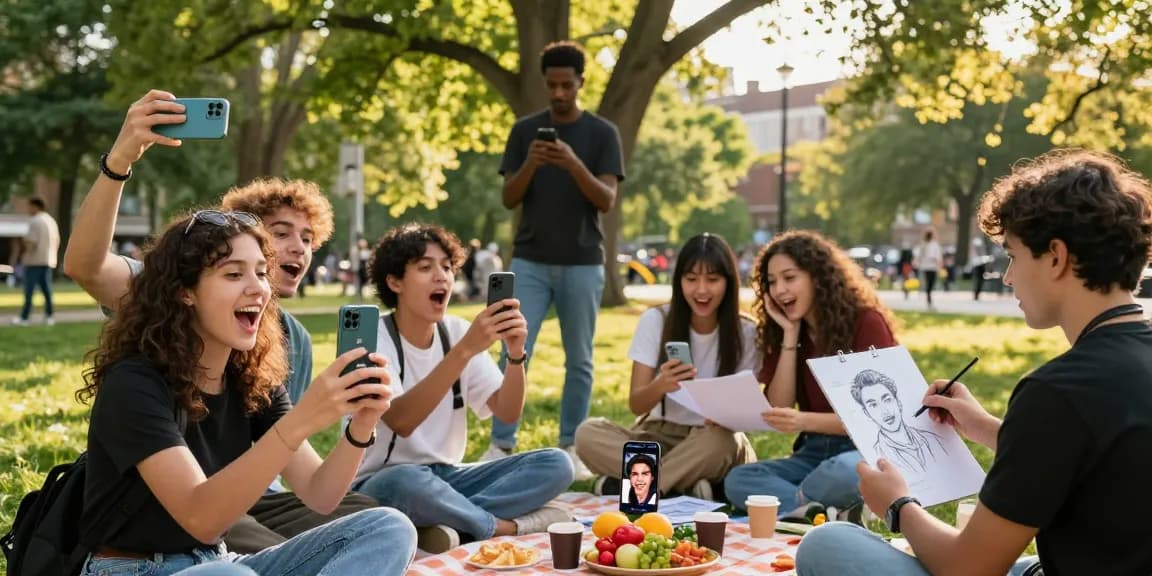 Young adults using smartphones to discover who they look like celebrities in a vibrant urban park.