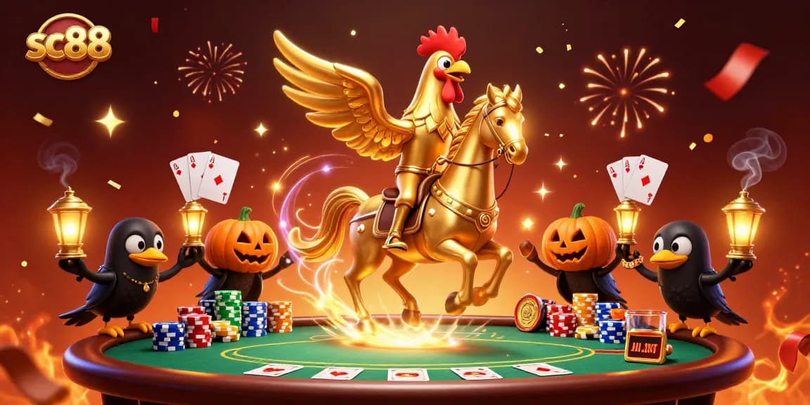 Engage with sc88 in this magical casino scene featuring a golden rooster and friends.