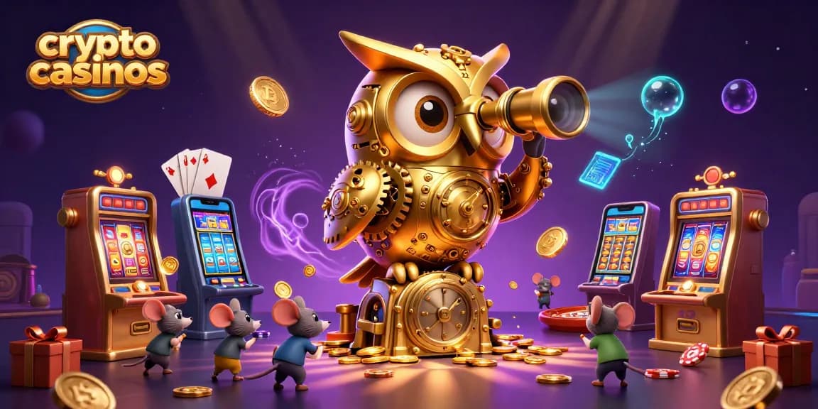 Explorez les crypto casinos avec un hibou doré et des éléments de jeu colorés