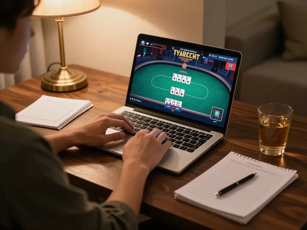 Engaged in online poker gameplay on Go88 in a comfortable home setup with strategy notes.