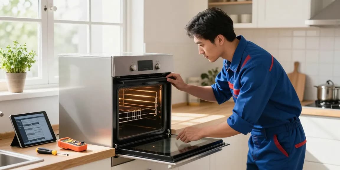 Oven repair technician inspecting an oven in a bright kitchen, focusing on quality service