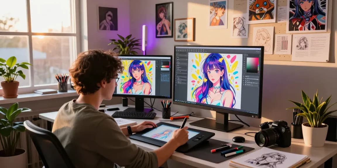 Creating stunning ai ecchi illustrations in a vibrant art studio.
