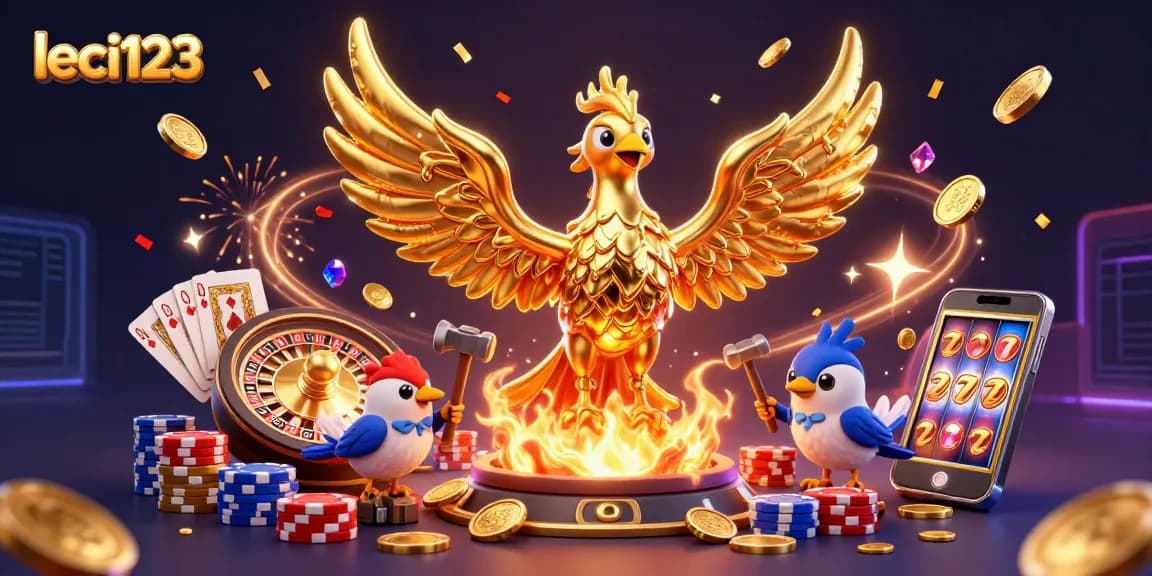 Engage with leci123's thrilling games as golden coins cascade and a phoenix emerges, showcasing online casino excitement.