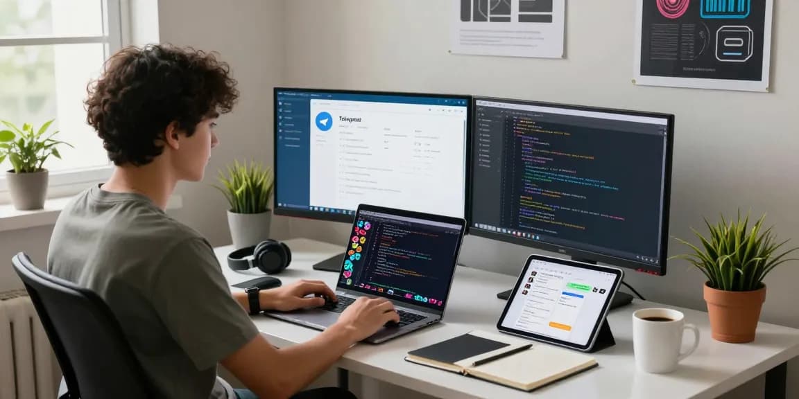 Workspace of a developer showcasing 纸飞机中文版 app with dual monitors, coffee, and tech decor.